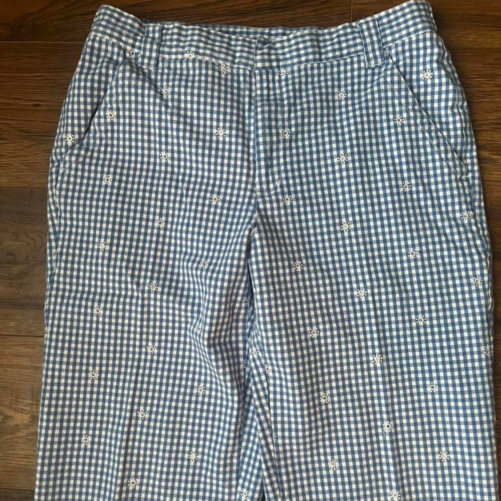 Vintage Blue White Gingham‎ Womens Capri Pants Floral Embroidery Cottagecore Y2K - Picture 2 of 8
